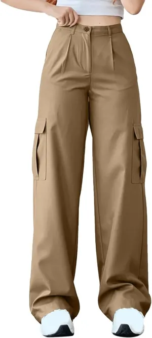 Womens Summer Cotton Cargo Pants Straight Leg High Waisted Multi Pockets Baggy Long Trousers Casual Fashion Slim Fit Trousers