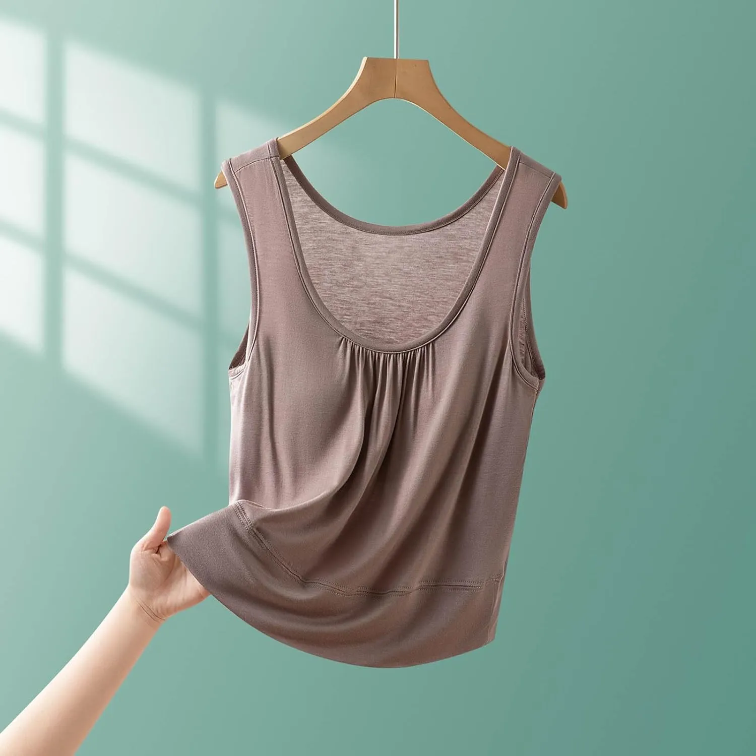 Womens Summer Sleeveless Pajama with Built in Bra Casual Modal Pleated Tank Tops Loose Soft Scoop Neck Tunic Tshirts
