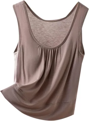 Womens Summer Sleeveless Pajama with Built in Bra Casual Modal Pleated Tank Tops Loose Soft Scoop Neck Tunic Tshirts