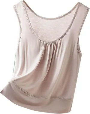 Womens Summer Sleeveless Pajama with Built in Bra Casual Modal Pleated Tank Tops Loose Soft Scoop Neck Tunic Tshirts