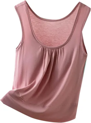 Womens Summer Sleeveless Pajama with Built in Bra Casual Modal Pleated Tank Tops Loose Soft Scoop Neck Tunic Tshirts