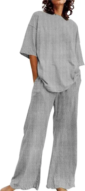 Womens Two Piece Sets Summer Casual Floral Printed Outfits Crewneck 3/4 Sleeve Tops Wide Leg Pants with Pockets