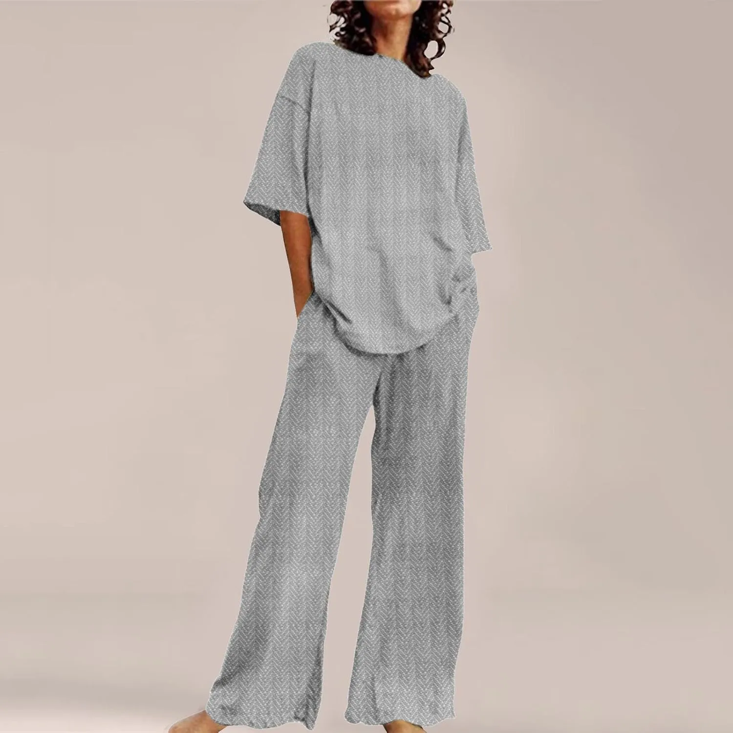 Womens Two Piece Sets Summer Casual Floral Printed Outfits Crewneck 3/4 Sleeve Tops Wide Leg Pants with Pockets
