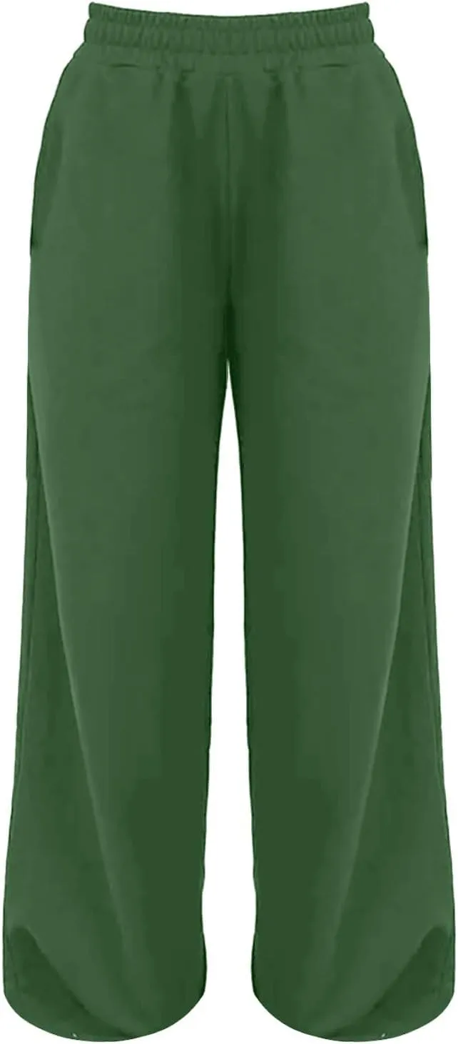 Women's Wide Leg Pants Solid Color Elastic Waist Loose Straight Leg Trousers Casual Running Workout Long Lounge Sweatpants