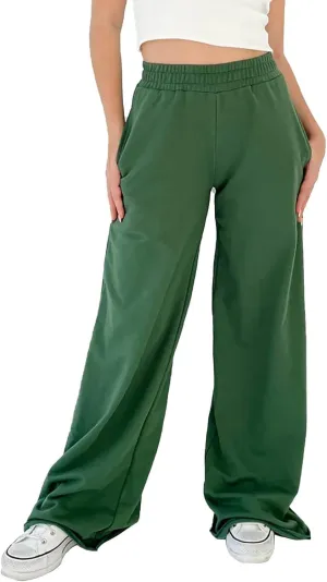 Women's Wide Leg Pants Solid Color Elastic Waist Loose Straight Leg Trousers Casual Running Workout Long Lounge Sweatpants