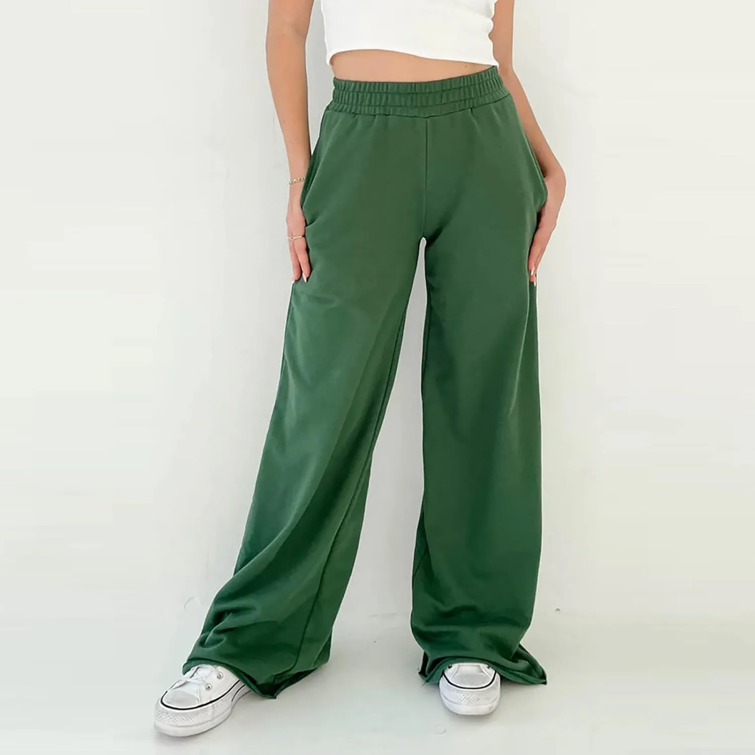 Women's Wide Leg Pants Solid Color Elastic Waist Loose Straight Leg Trousers Casual Running Workout Long Lounge Sweatpants