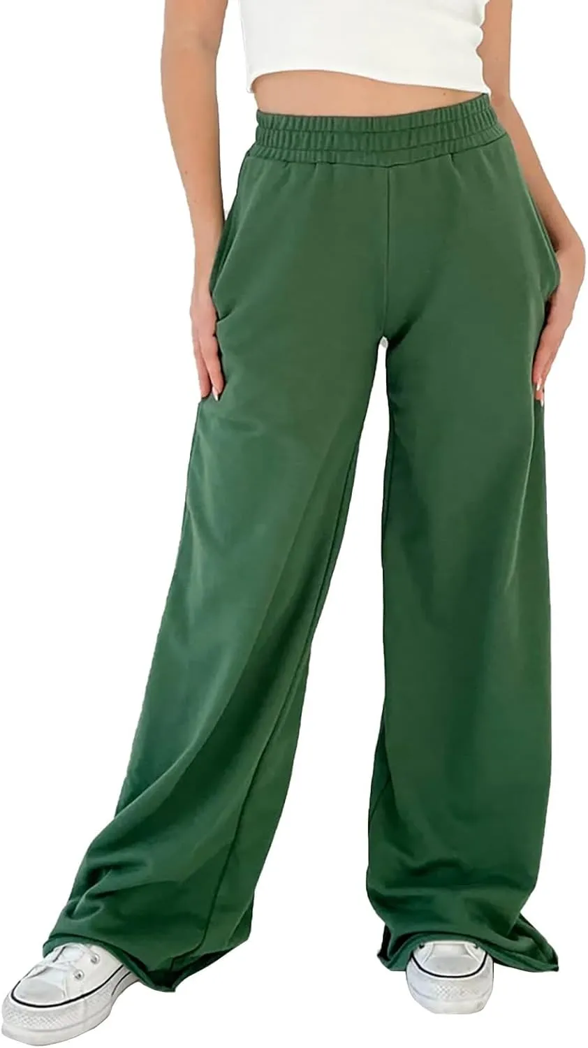 Women's Wide Leg Pants Solid Color Elastic Waist Loose Straight Leg Trousers Casual Running Workout Long Lounge Sweatpants