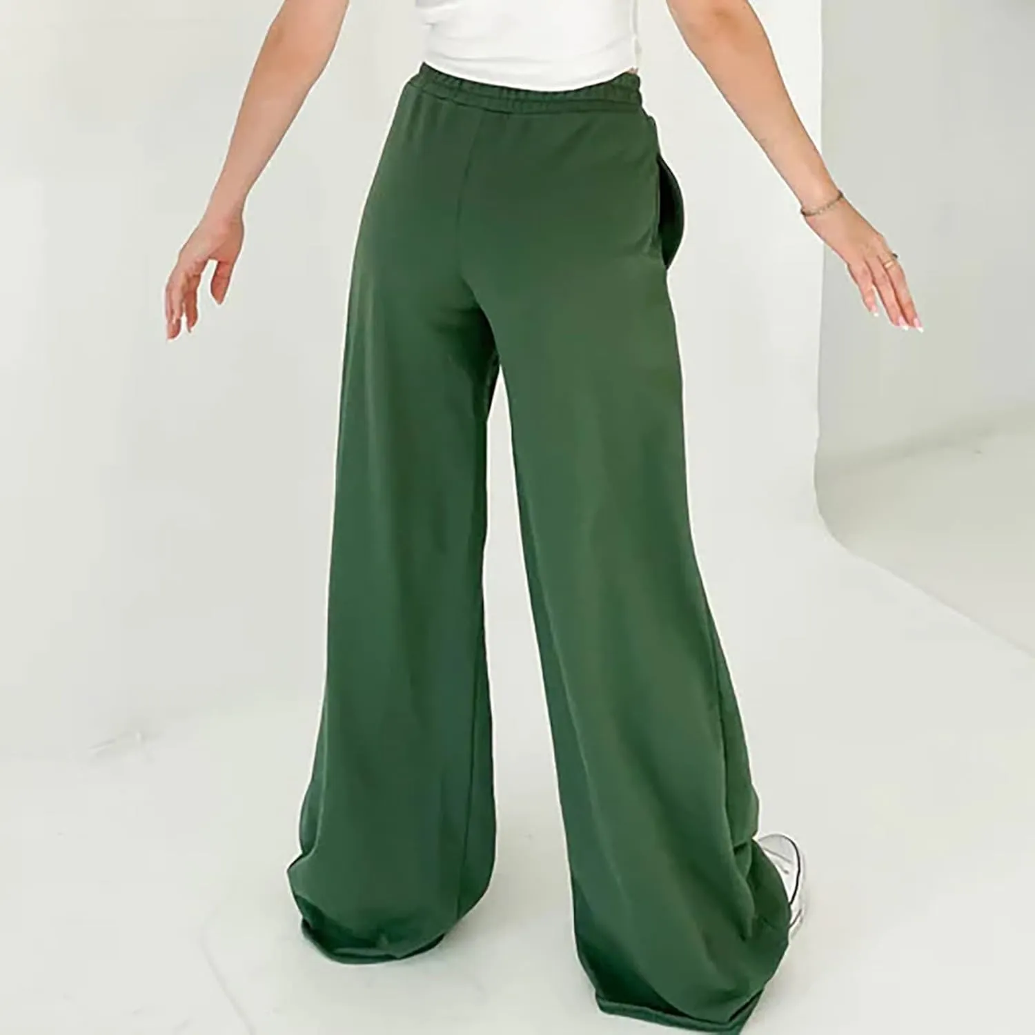Women's Wide Leg Pants Solid Color Elastic Waist Loose Straight Leg Trousers Casual Running Workout Long Lounge Sweatpants