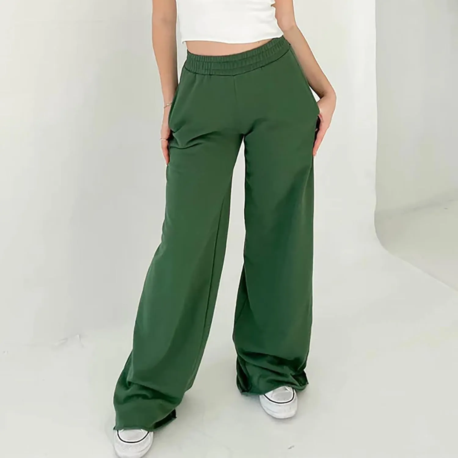 Women's Wide Leg Pants Solid Color Elastic Waist Loose Straight Leg Trousers Casual Running Workout Long Lounge Sweatpants
