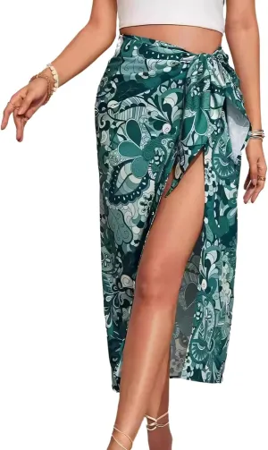 Wuitrie Women Long Skirt Botanical Prints High Slit Maxi Skirt Beach Vacation Outfits Boho Skirt