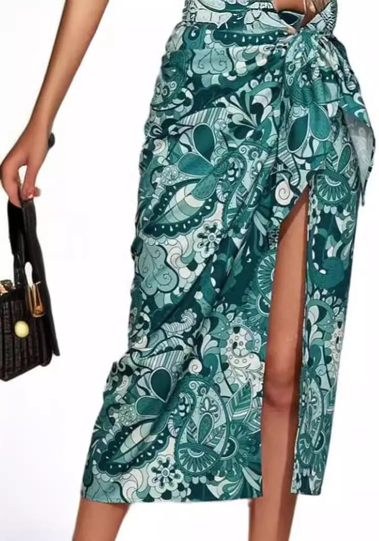 Wuitrie Women Long Skirt Botanical Prints High Slit Maxi Skirt Beach Vacation Outfits Boho Skirt