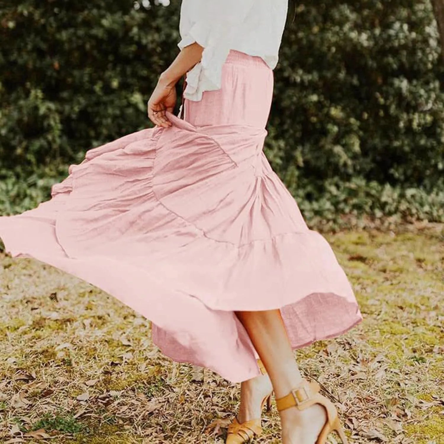 YOLAI Women Cotton Linen Half Skirt Elastic Waist A Line Skirt Irregular Hem Bohemian Beach Dress