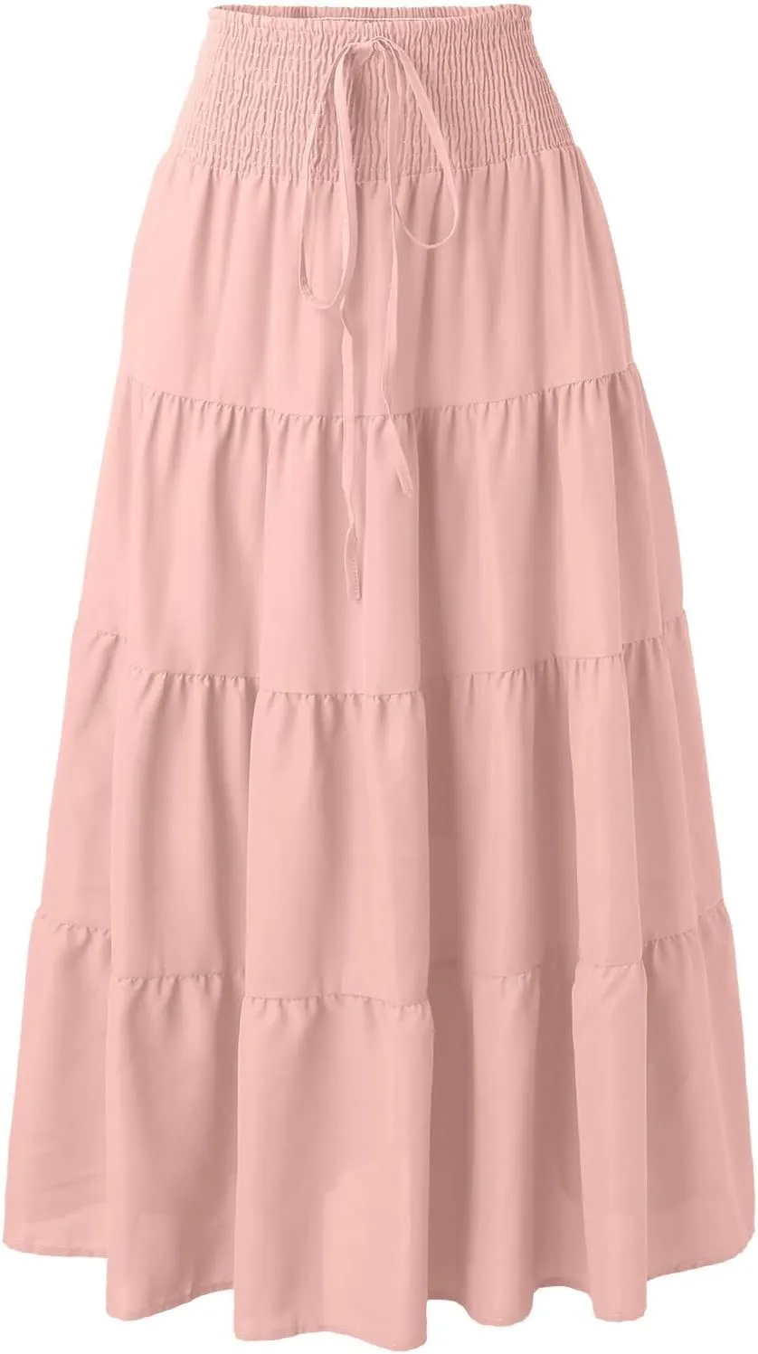 YOLAI Women Cotton Linen Half Skirt Elastic Waist A Line Skirt Irregular Hem Bohemian Beach Dress
