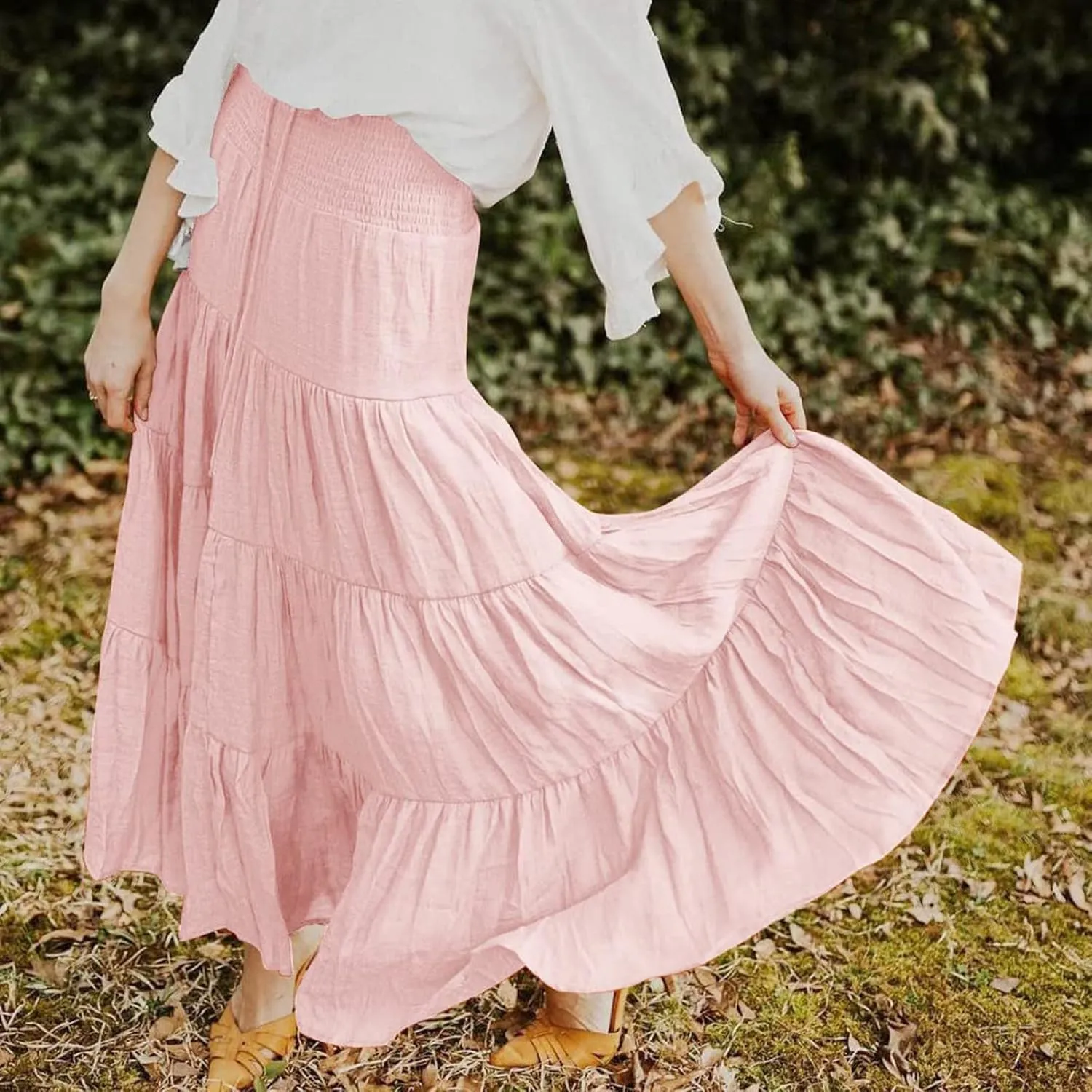 YOLAI Women Cotton Linen Half Skirt Elastic Waist A Line Skirt Irregular Hem Bohemian Beach Dress