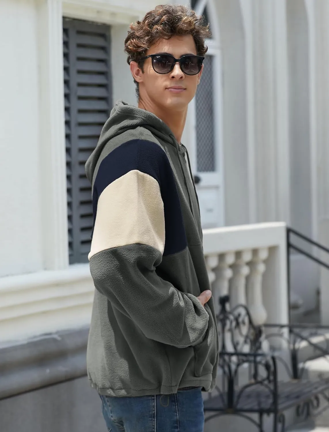 ZAFUL Men's Colorblock Sweatshirt NEW YORK Embroidery Fluffy Polar Fleece Half Zip Unisex Hooded Sweatshirt