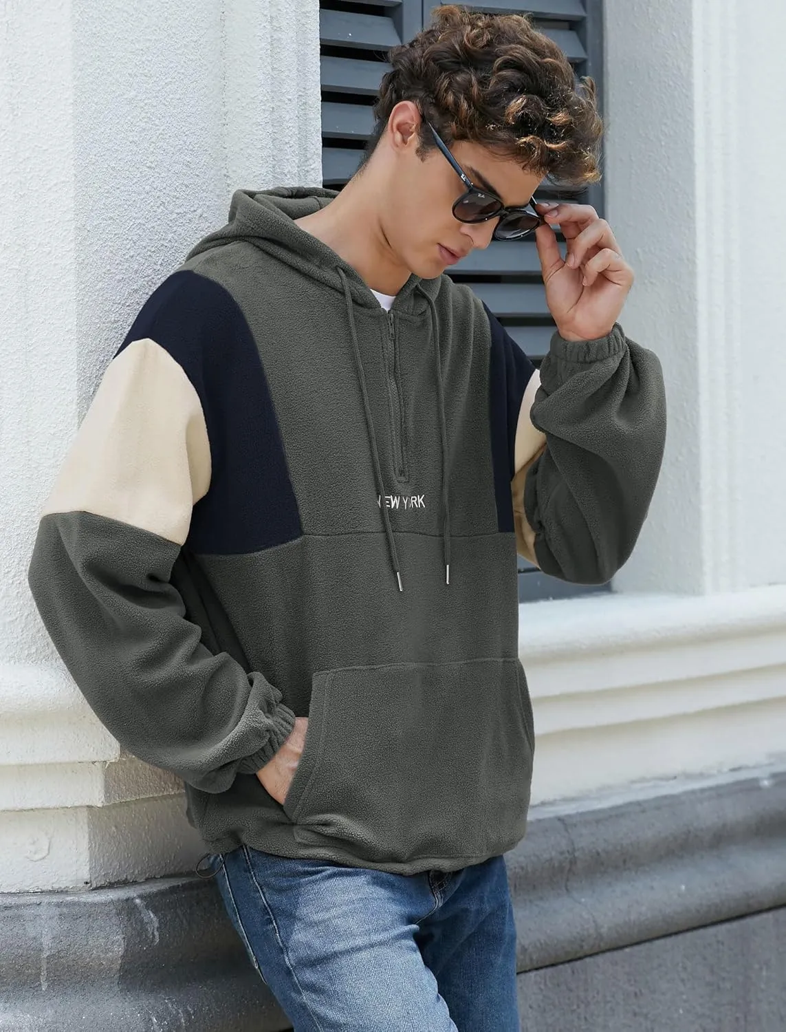ZAFUL Men's Colorblock Sweatshirt NEW YORK Embroidery Fluffy Polar Fleece Half Zip Unisex Hooded Sweatshirt