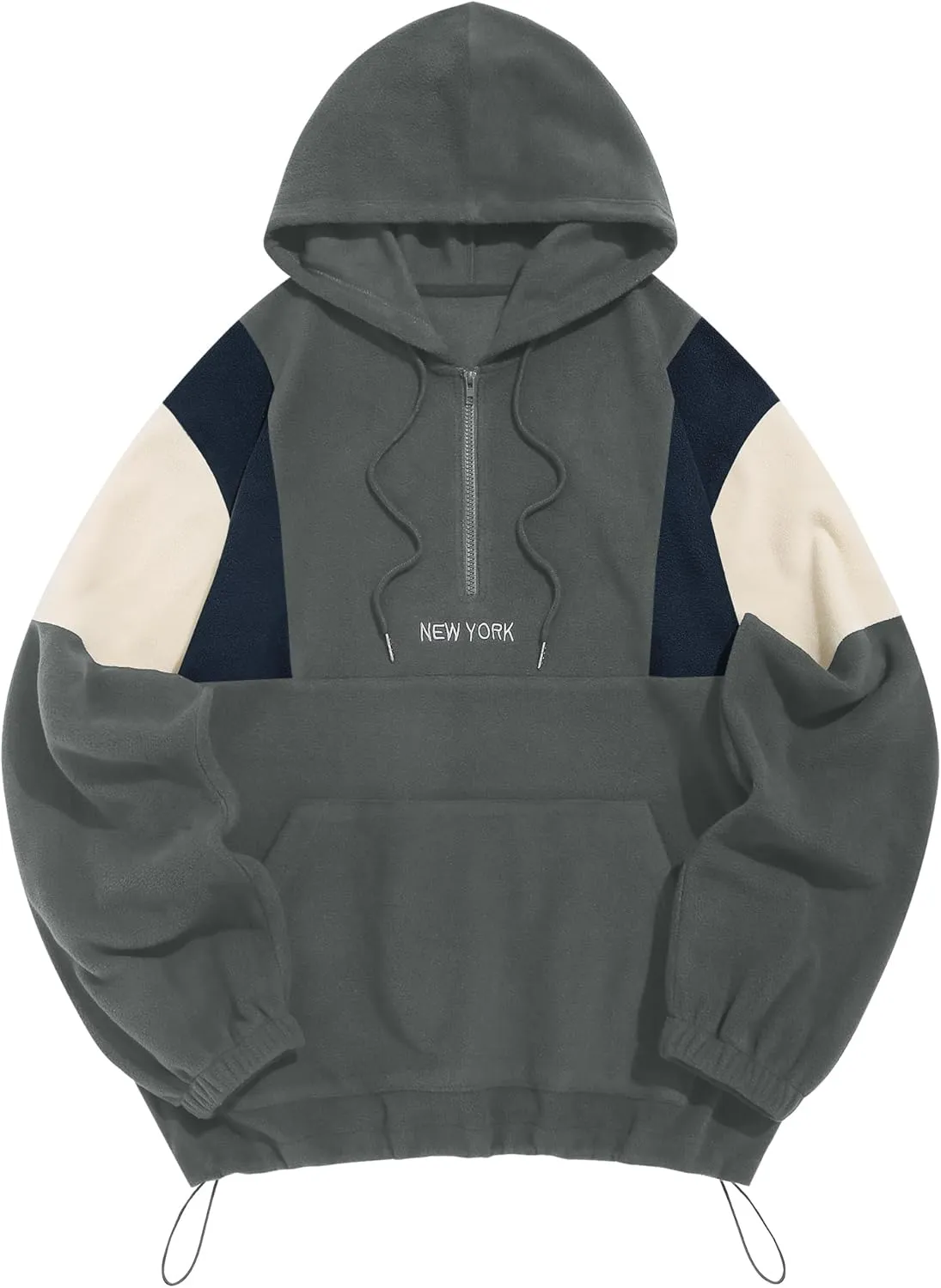ZAFUL Men's Colorblock Sweatshirt NEW YORK Embroidery Fluffy Polar Fleece Half Zip Unisex Hooded Sweatshirt