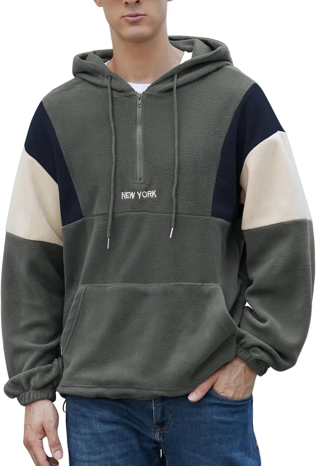 ZAFUL Men's Colorblock Sweatshirt NEW YORK Embroidery Fluffy Polar Fleece Half Zip Unisex Hooded Sweatshirt