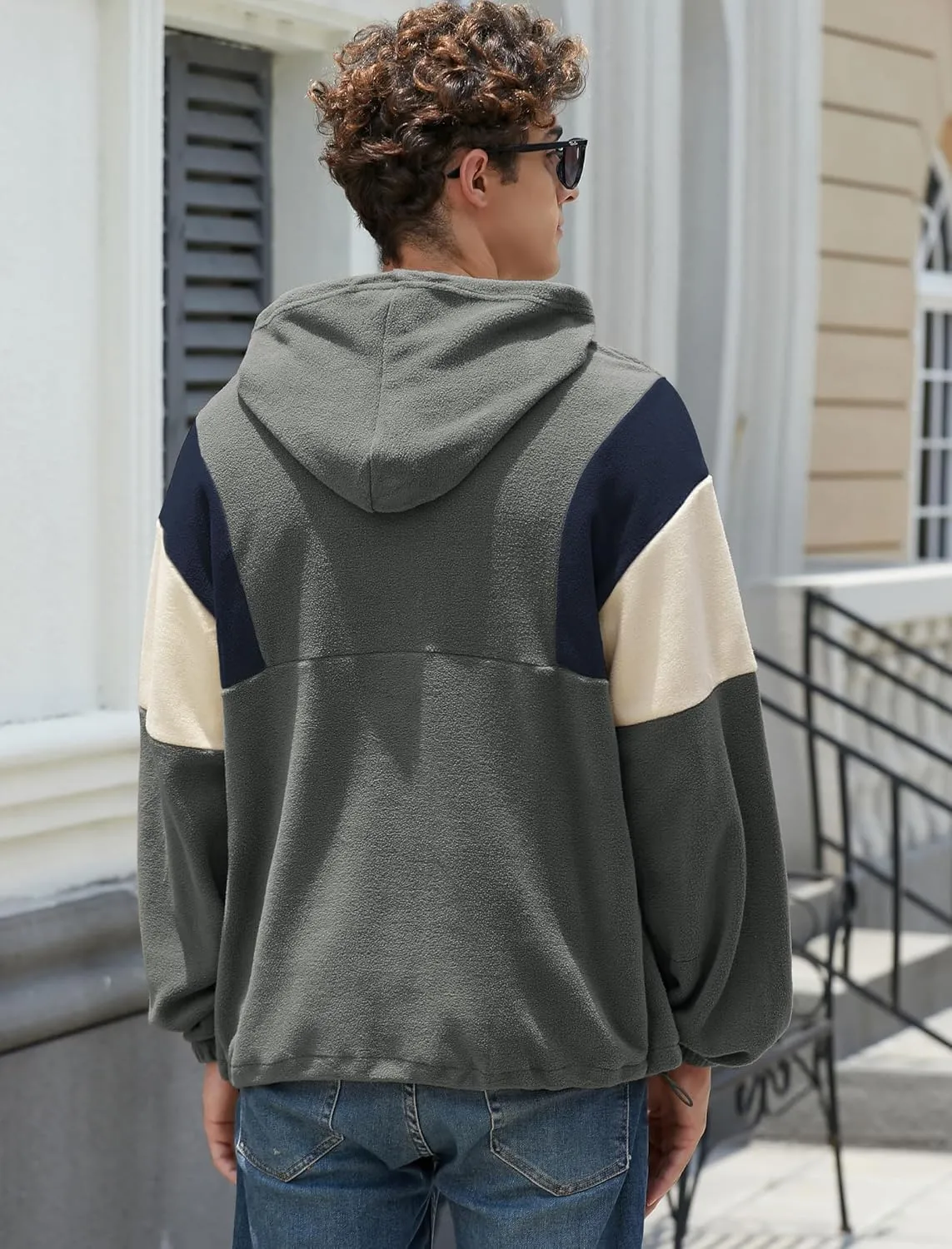 ZAFUL Men's Colorblock Sweatshirt NEW YORK Embroidery Fluffy Polar Fleece Half Zip Unisex Hooded Sweatshirt