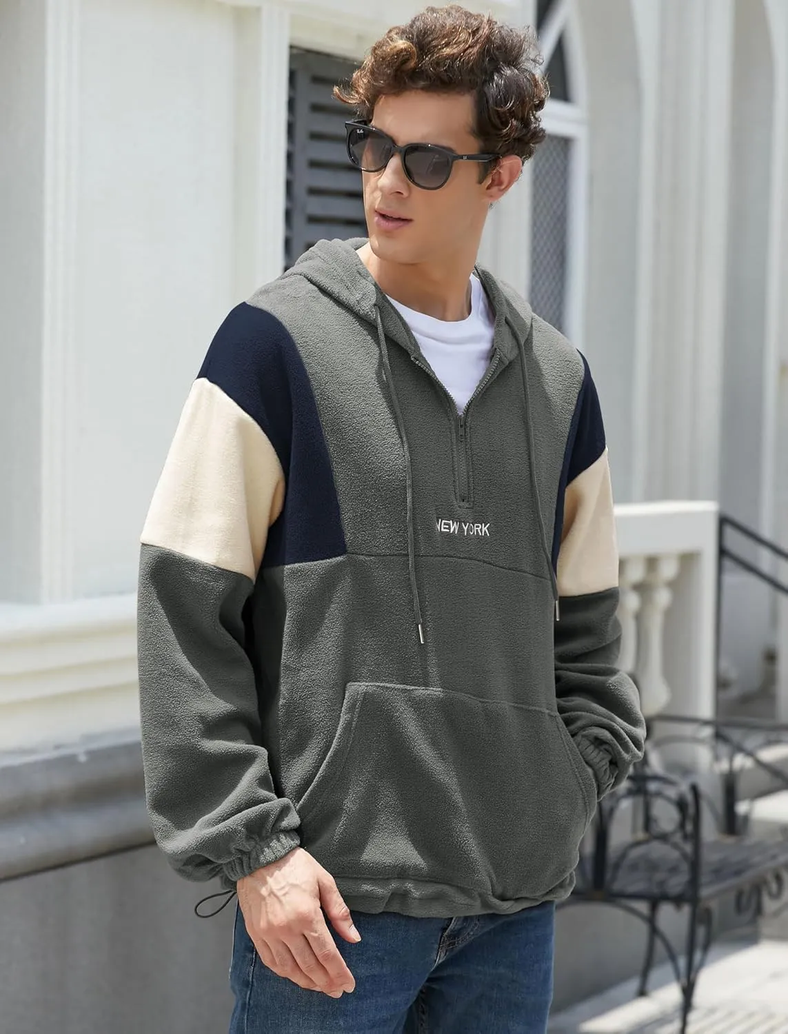 ZAFUL Men's Colorblock Sweatshirt NEW YORK Embroidery Fluffy Polar Fleece Half Zip Unisex Hooded Sweatshirt