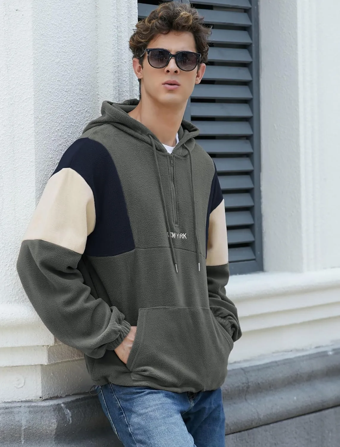 ZAFUL Men's Colorblock Sweatshirt NEW YORK Embroidery Fluffy Polar Fleece Half Zip Unisex Hooded Sweatshirt