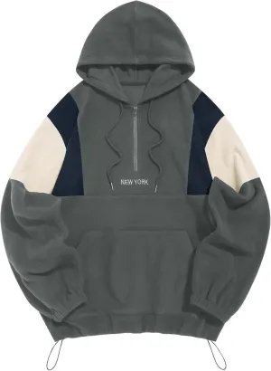 ZAFUL Men's Colorblock Sweatshirt NEW YORK Embroidery Fluffy Polar Fleece Half Zip Unisex Hooded Sweatshirt